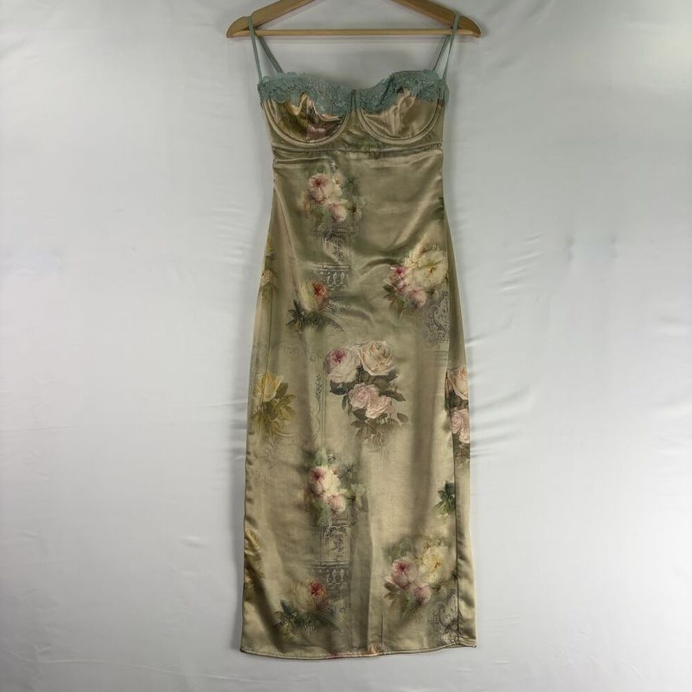 House of CB Satin Maxi Dress in Champagne with Sage Lace Trim